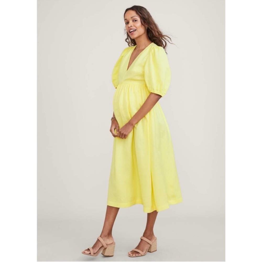 HATCH Nikki Yellow Linen Blend Puff-Sleeve Midi Dress Size M